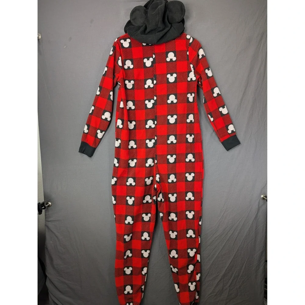 Disney‎ Mickey Mouse Buffalo Plaid Hooded Union Suit Pajamas Red Black Medium